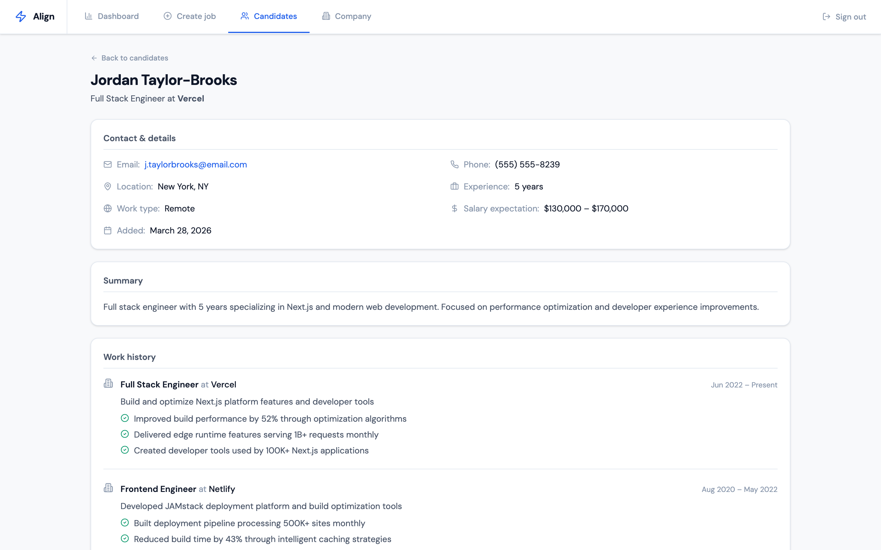 Candidate detail page showing full work history, achievements, and contact details extracted from a resume